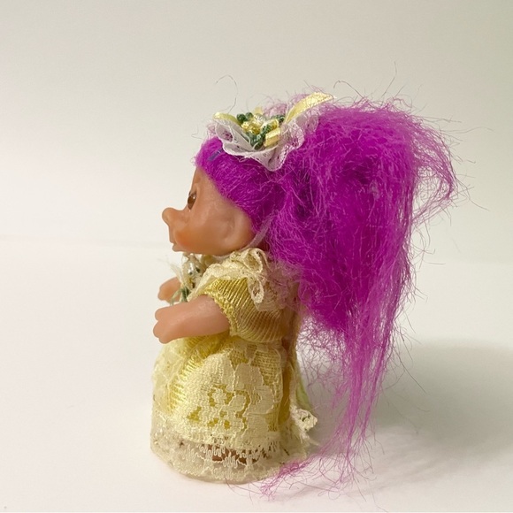 Vtg 1986 Dam Troll Mini Purple Hair Yellow Dress - Picture 5 of 16